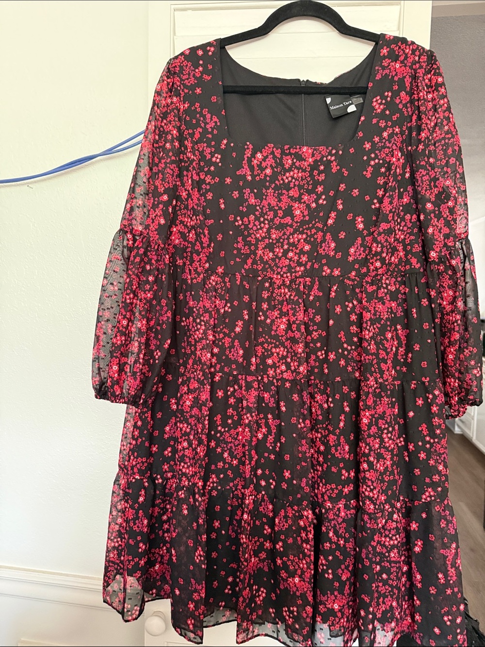 Maison Tara Black Midi Dress with red/burgandy Floral Print